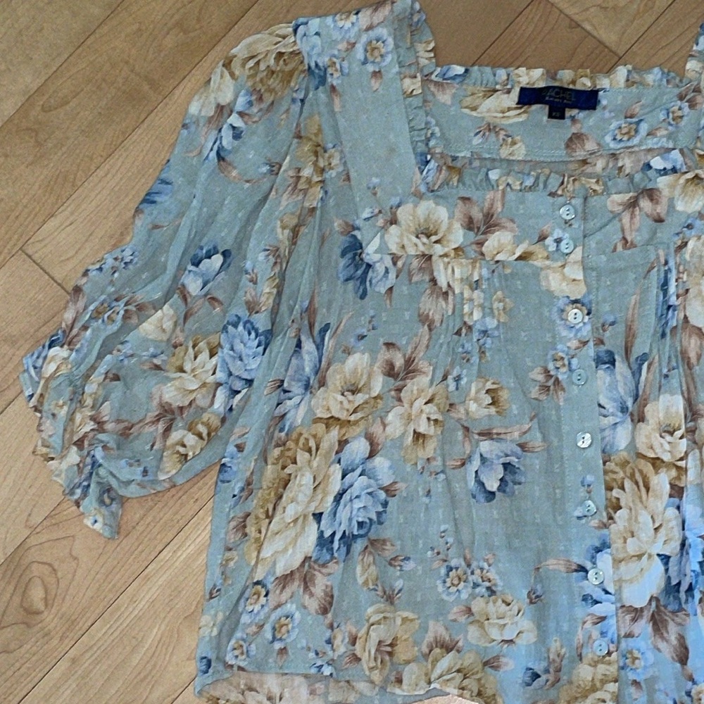 RACHEL Rachel Roy Blue and Cream floral Puff Sleeve Blouse XS